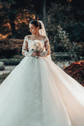 Long Sleeves Ball Gown Wedding Dress V-Neck Tulle With Lace Beads-27dress