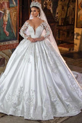 Long Sleeves Ball Gown Wedding Dress V-Neck With Lace Appliques-27dress