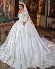 Long Sleeves Ball Gown Wedding Dress V-Neck With Lace Appliques-27dress