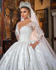 Long Sleeves Ball Gown Wedding Dress V-Neck With Lace Appliques-27dress
