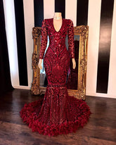 Long Sleeves Burgundy V Neck Long Mermaid Prom Dress Feather With Sequins