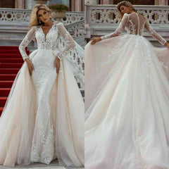 Long Sleeves Champagne Wedding Dress Lace Mermaid Overskirt-27dress