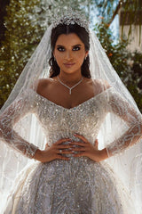 Long Sleeves Crystal Wedding Dress Ball Gown Off-the-Shoulder-27dress