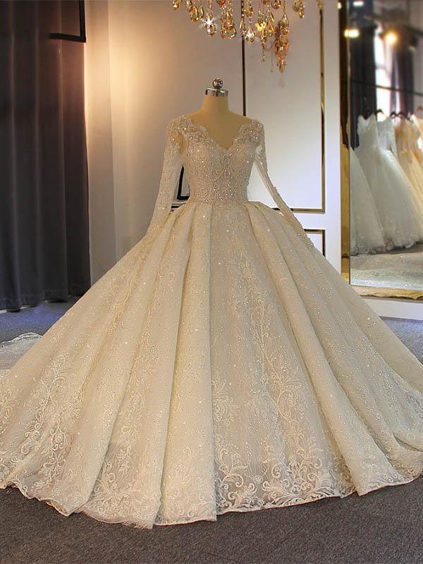 Long Sleeves Delicate Lace Wedding Dress Ball Gown-27dress