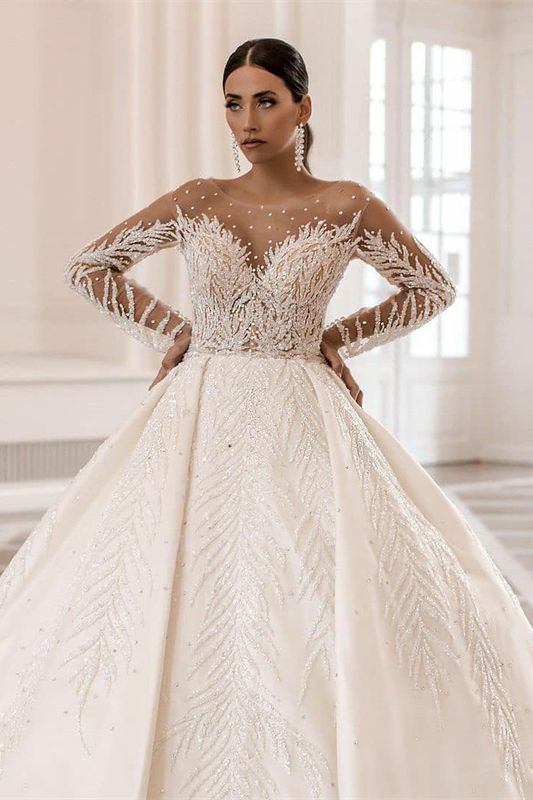 Long Sleeves Delicate Wedding Dress Ball Gown With Beads-27dress