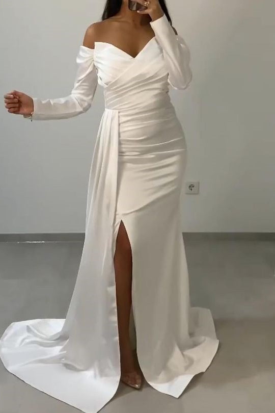 Long Sleeves Front Split Off the Shoulder Mermaid Prom Dress With Ruffles