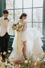 Long Sleeves Hi-Lo Wedding Dress With Lace Appliques-27dress