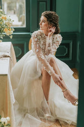 Long Sleeves Hi-Lo Wedding Dress With Lace Appliques-27dress