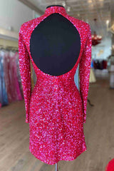 Long Sleeves High Neck Fuchsia Sequins Homecoming Dress