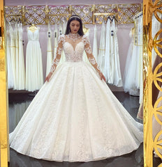 Long Sleeves High Neck Wedding Dress Ball Gown Tulle Online-27dress