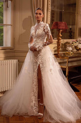 Long Sleeves High Neck Wedding Dress Tulle Appliques With Slit-27dress