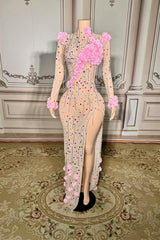 Long Sleeves Illusion High Neck Long Evening Dress with Flowers-27dress