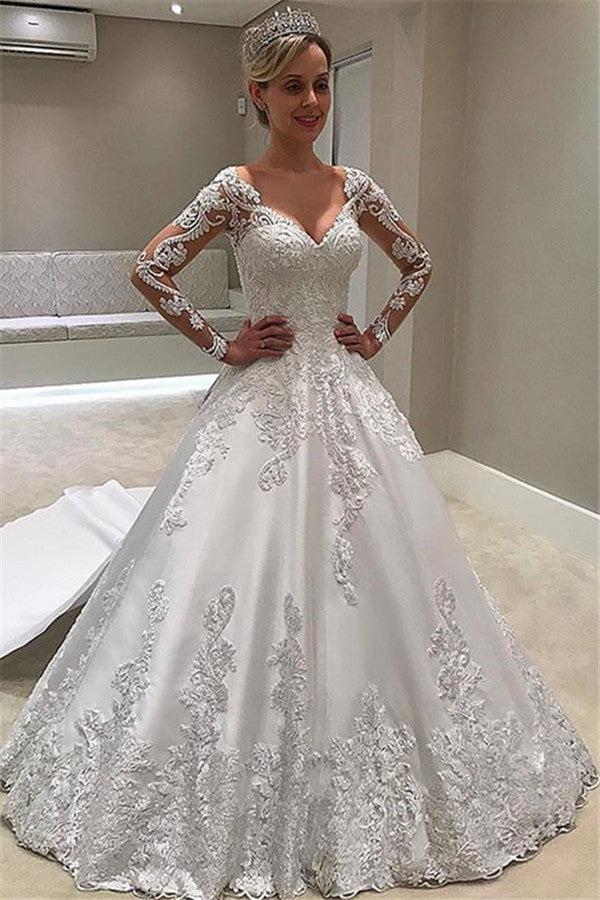 Long Sleeves Lace Appliques Wedding Dress A-Line Bridal Gowns-27dress