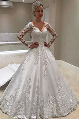 Long Sleeves Lace Appliques Wedding Dress A-Line Bridal Gowns-27dress