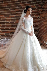 Long Sleeves Lace Ball Gown Wedding Dress Off-the-Shoulder-27dress