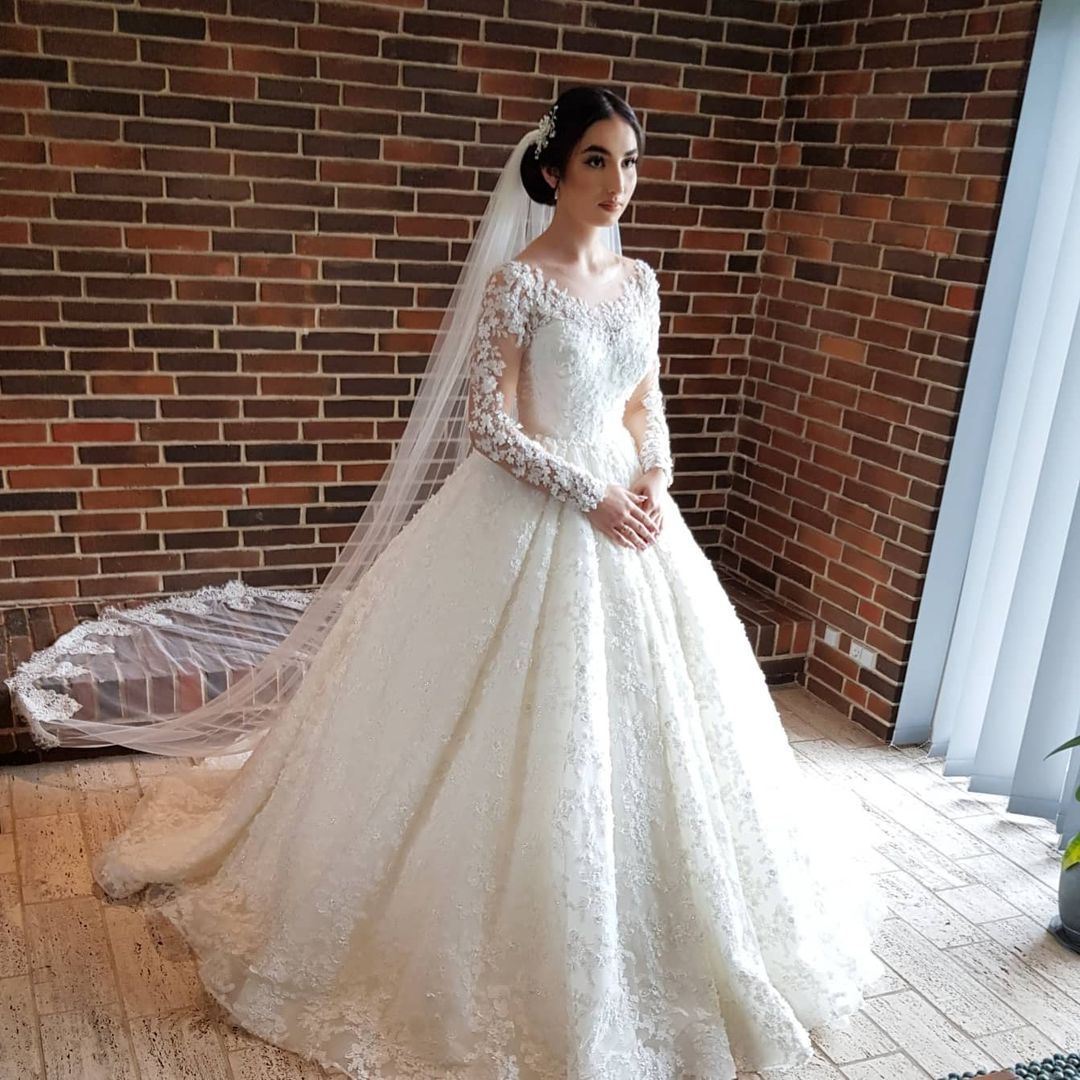 Long Sleeves Lace Ball Gown Wedding Dress Off-the-Shoulder-27dress