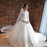 Long Sleeves Lace Ball Gown Wedding Dress Off-the-Shoulder-27dress