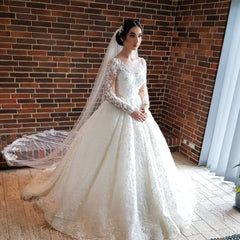 Long Sleeves Lace Ball Gown Wedding Dress Off-the-Shoulder-27dress