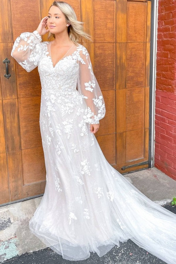 Long Sleeves Lace Wedding Dress A-Line V-Neck-27dress