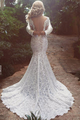 Long Sleeves Lace Wedding Dress Mermaid Bridla Gowns-27dress