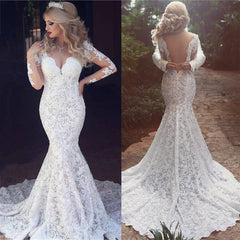 Long Sleeves Lace Wedding Dress Mermaid Bridla Gowns-27dress