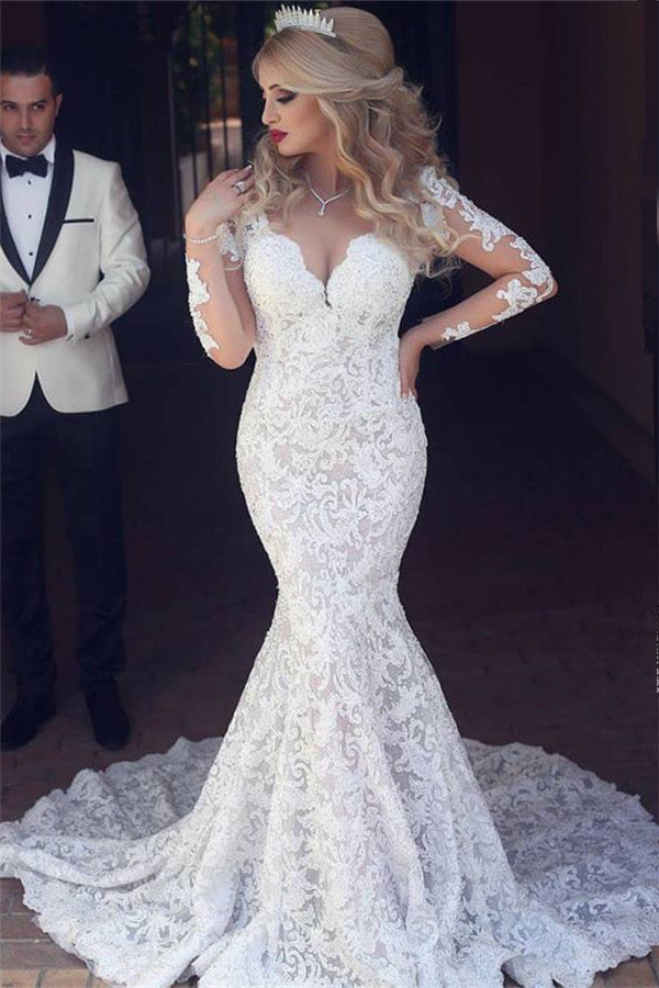 Long Sleeves Lace Wedding Dress Mermaid Bridla Gowns-27dress
