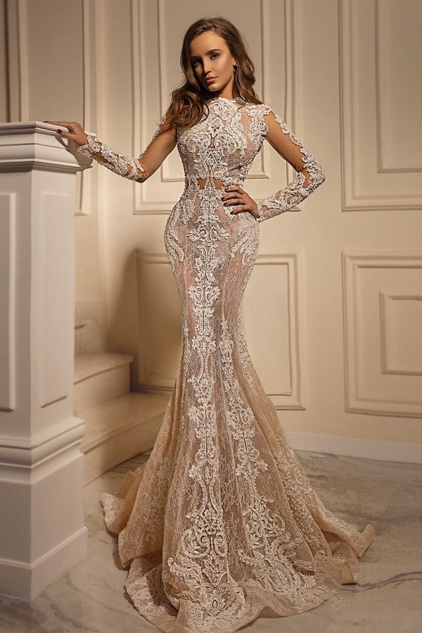 Long Sleeves Lace Wedding Dress Mermaid Long-27dress