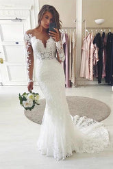 Long Sleeves Lace Wedding Dress Mermaid V-Neck-27dress