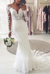 Long Sleeves Lace Wedding Dress Mermaid V-Neck-27dress