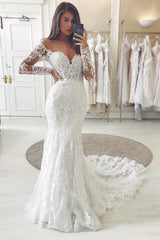 27dress Long Sleeves Lace Wedding Dress Mermaid V-Neck Bridal Gowns