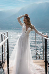 Long Sleeves Lace Wedding Dress Tulle With V-Neck-27dress
