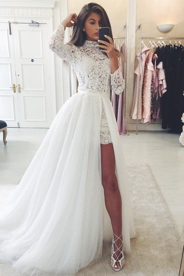 Long Sleeves Lace Wedding Dress With Tulle Removable Skirt-27dress