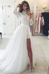 Long Sleeves Lace Wedding Dress With Tulle Removable Skirt-27dress