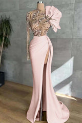 Long Sleeves Long Mermaid Prom Dress With High Split Appliques