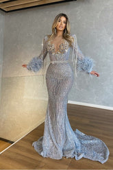Long Sleeves Mermaid Beaded Tassels Long Prom Dress With Feathers