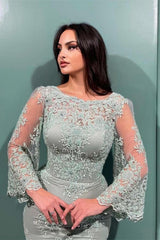 Long Sleeves Mermaid Prom Dress With Lace Appliques Bateau Pleated
