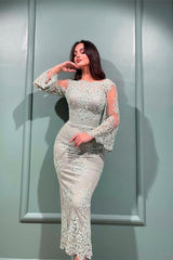 Long Sleeves Mermaid Prom Dress With Lace Appliques Bateau Pleated
