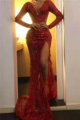 Long Sleeves Mermaid V-neck Backless Sequined Prom Dress with slit-27dress