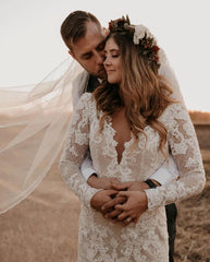 Long Sleeves Mermaid Wedding Dress Boho Lace Bridal Gowns-27dress