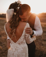 Long Sleeves Mermaid Wedding Dress Boho Lace Bridal Gowns-27dress