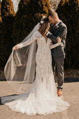 Long Sleeves Mermaid Wedding Dress Boho Lace Bridal Gowns-27dress