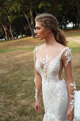 Long Sleeves Mermaid Wedding Dress Lace Applqiues Bridal Wear-27dress