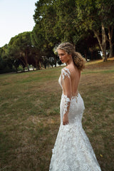 Long Sleeves Mermaid Wedding Dress Lace Applqiues Bridal Wear-27dress