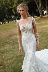 Long Sleeves Mermaid Wedding Dress Lace Applqiues Bridal Wear-27dress