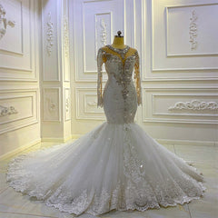 Long Sleeves Mermaid Wedding Dress Lace Bridal Gowns With Crystal-27dress
