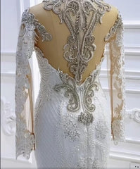 Long Sleeves Mermaid Wedding Dress Lace Bridal Gowns With Crystal-27dress