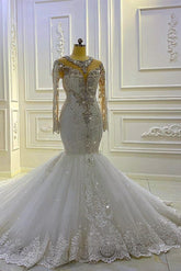 Long Sleeves Mermaid Wedding Dress Lace Bridal Gowns With Crystal-27dress