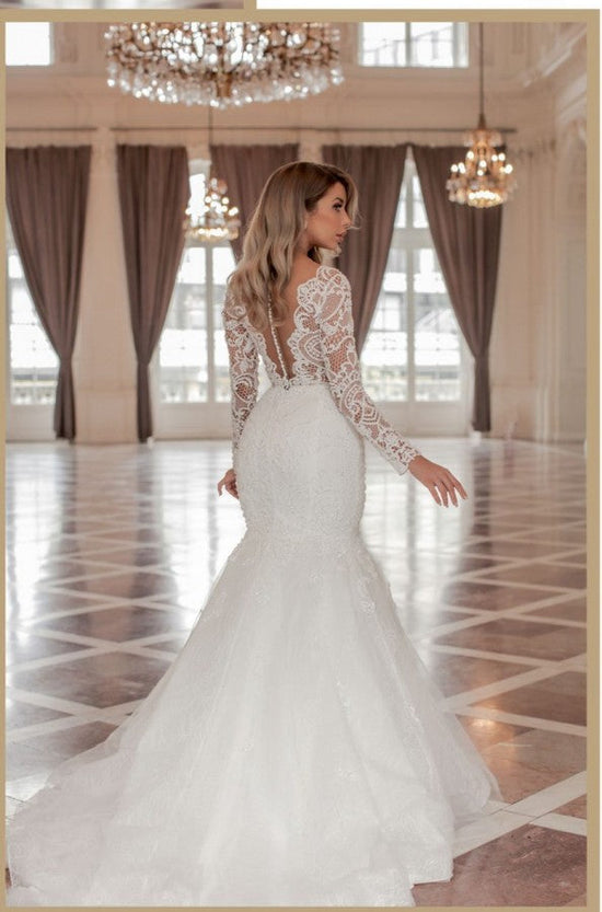 Long Sleeves Mermaid Wedding Dress Lace Long-27dress