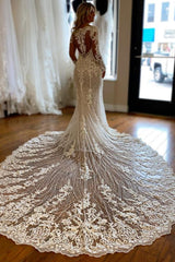 Long Sleeves Mermaid Wedding Dress Lace V-Neck-27dress