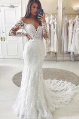 Long Sleeves Mermaid Wedding Dress Lace V-Neck Bridal Gowns-27dress